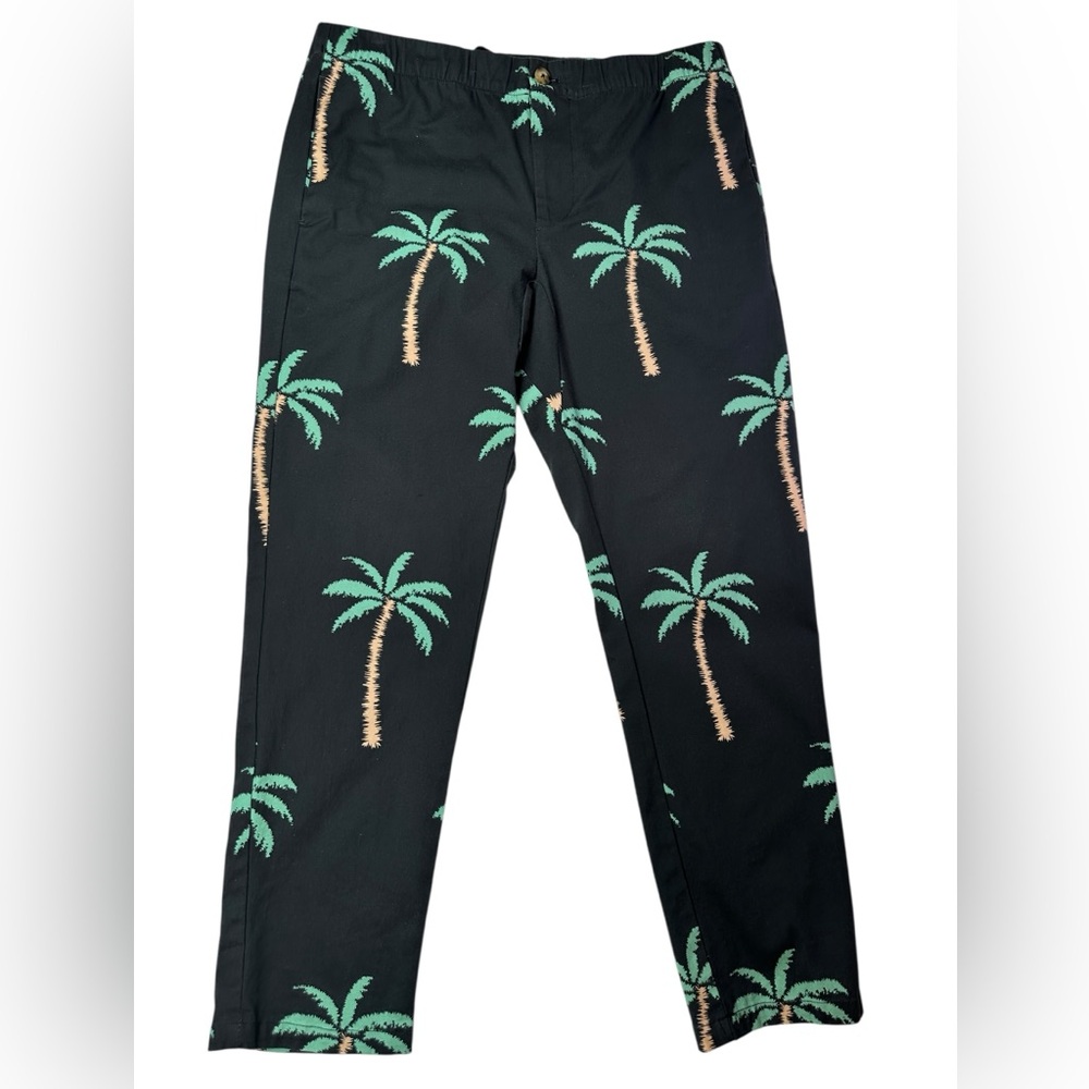 Duvin Men’s Palm Tree Print Elastic Waist Black Pants Size Large